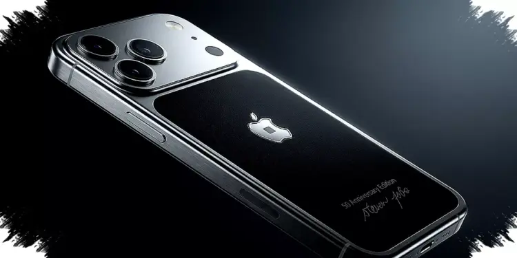 Panel belakang iPhone 17 Pro edisi terbatas Steve Jobs dengan tanda tangan ikonik dan tulisan 50 Anniversary Edition.