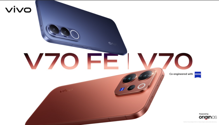 Poster promo vivo V70 Series yang menampilkan vivo V70 FE warna biru dan vivo V70 warna perunggu dengan teknologi kamera ZEISS.
