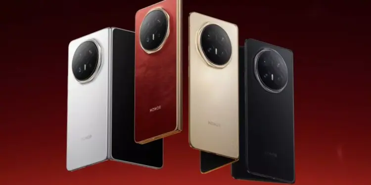 Empat varian warna Honor Magic V6, yaitu putih, merah kulit, emas, dan hitam, menunjukkan desain lipat yang tipis.