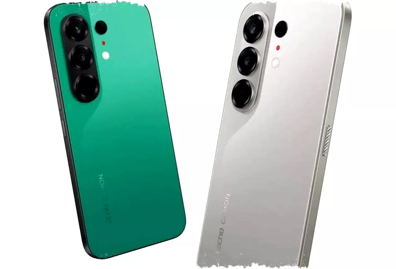 Varian warna hijau dan putih dari smartphone Tecno Camon 50 Ultra dengan desain bodi belakang yang elegan.