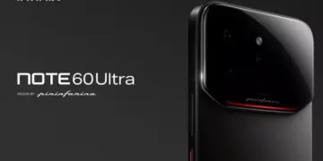Poster resmi Infinix Note 60 Ultra Design by Pininfarina dengan bodi belakang hitam bertekstur karbon dan modul kamera besar yang elegan.