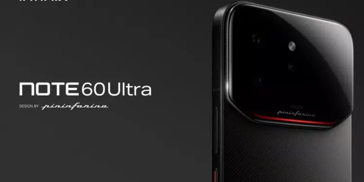 Poster resmi Infinix Note 60 Ultra Design by Pininfarina dengan bodi belakang hitam bertekstur karbon dan modul kamera besar yang elegan.