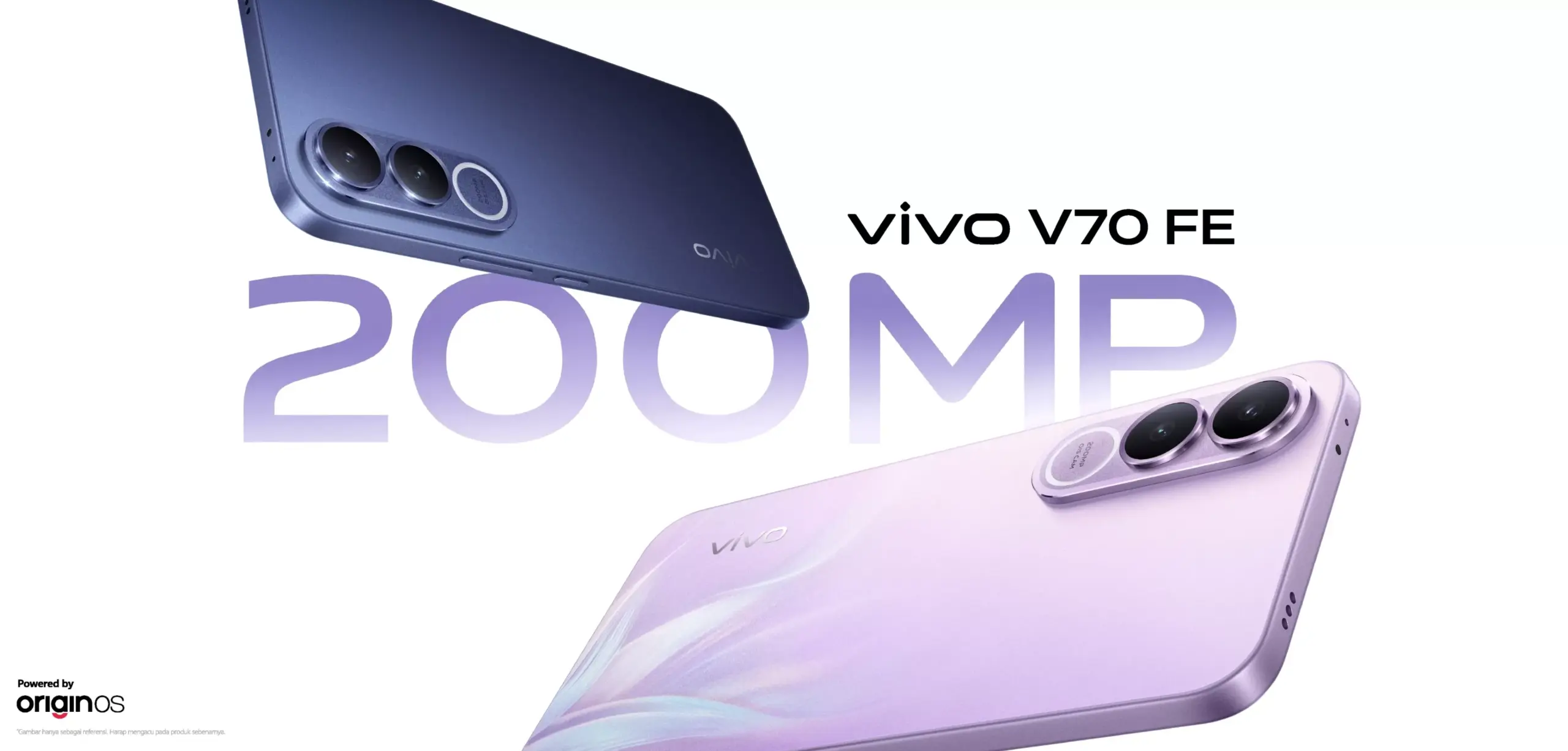 Dua unit Vivo V70 FE dalam varian warna Navy Blue dan Lavender Purple yang menonjolkan fitur kamera 200MP.