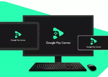 Ilustrasi ekosistem Google Play Games PC yang tersinkronisasi antara PC, tablet, dan smartphone.