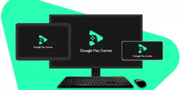 Ilustrasi ekosistem Google Play Games PC yang tersinkronisasi antara PC, tablet, dan smartphone.