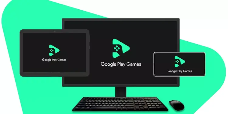 Ilustrasi ekosistem Google Play Games PC yang tersinkronisasi antara PC, tablet, dan smartphone.