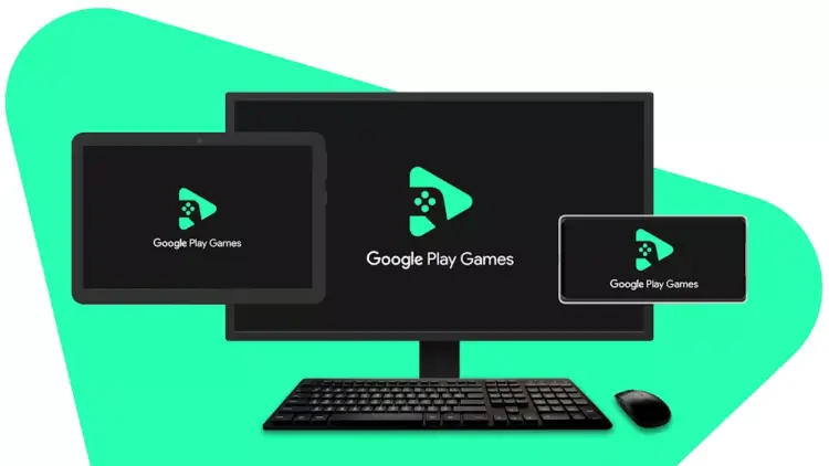 Ilustrasi ekosistem Google Play Games PC yang tersinkronisasi antara PC, tablet, dan smartphone.