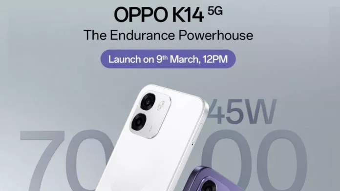 Poster resmi peluncuran Oppo K14 5G "The Endurance Powerhouse" pada 9 Maret dengan fitur charging 45W.