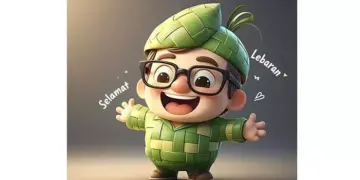 Ilustrasi karakter 3D lucu anak laki-laki berkacamata mengenakan kostum bertema ketupat lebaran dengan teks Selamat Lebaran.