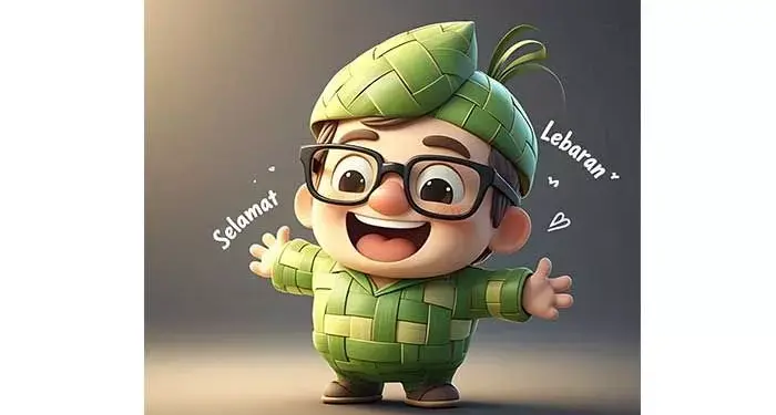 Ilustrasi karakter 3D lucu anak laki-laki berkacamata mengenakan kostum bertema ketupat lebaran dengan teks Selamat Lebaran.