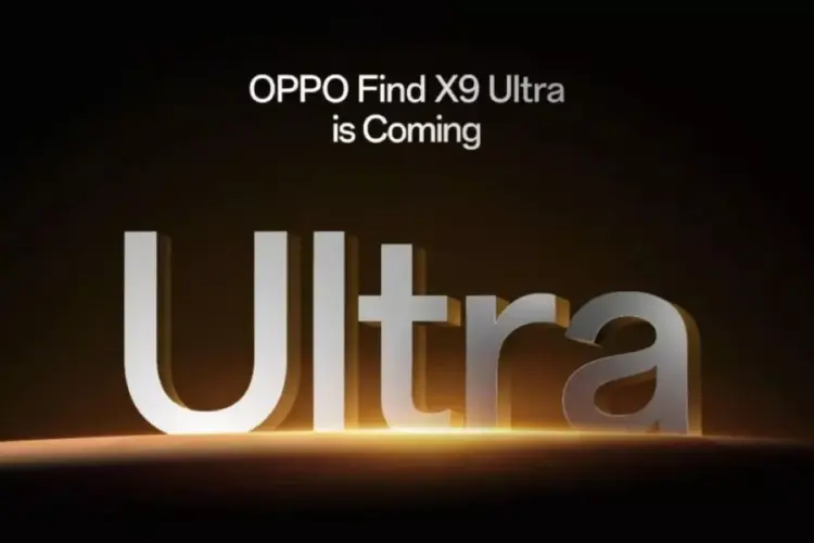 Teaser resmi OPPO Find X9 Ultra "is Coming" dengan teks Ultra yang bercahaya keemasan.