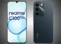 Tampilan depan dan belakang Realme C100 5G menunjukkan layar waterdrop notch dan modul tiga kamera belakang yang elegan.