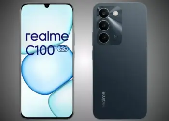 Tampilan depan dan belakang Realme C100 5G menunjukkan layar waterdrop notch dan modul tiga kamera belakang yang elegan.