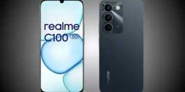 Tampilan depan dan belakang Realme C100 5G menunjukkan layar waterdrop notch dan modul tiga kamera belakang yang elegan.