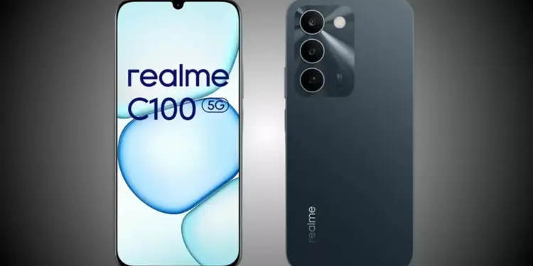 Tampilan depan dan belakang Realme C100 5G menunjukkan layar waterdrop notch dan modul tiga kamera belakang yang elegan.