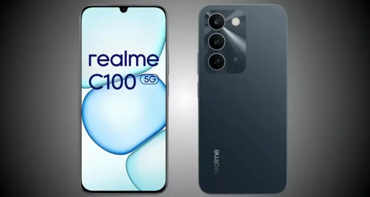 Tampilan depan dan belakang Realme C100 5G menunjukkan layar waterdrop notch dan modul tiga kamera belakang yang elegan.