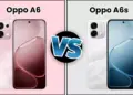 Perbandingan tampilan depan dan belakang OPPO A6 warna pink dan OPPO A6s warna putih dengan aksen tekstur marmer.
