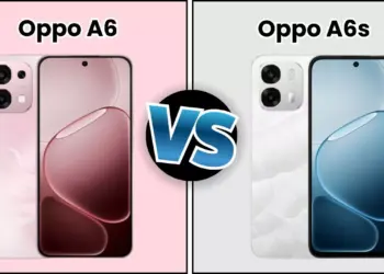 Perbandingan tampilan depan dan belakang OPPO A6 warna pink dan OPPO A6s warna putih dengan aksen tekstur marmer.
