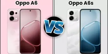 Perbandingan tampilan depan dan belakang OPPO A6 warna pink dan OPPO A6s warna putih dengan aksen tekstur marmer.