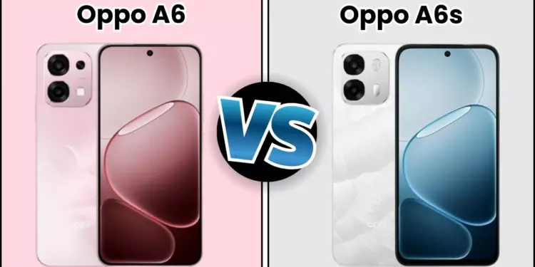 Perbandingan tampilan depan dan belakang OPPO A6 warna pink dan OPPO A6s warna putih dengan aksen tekstur marmer.