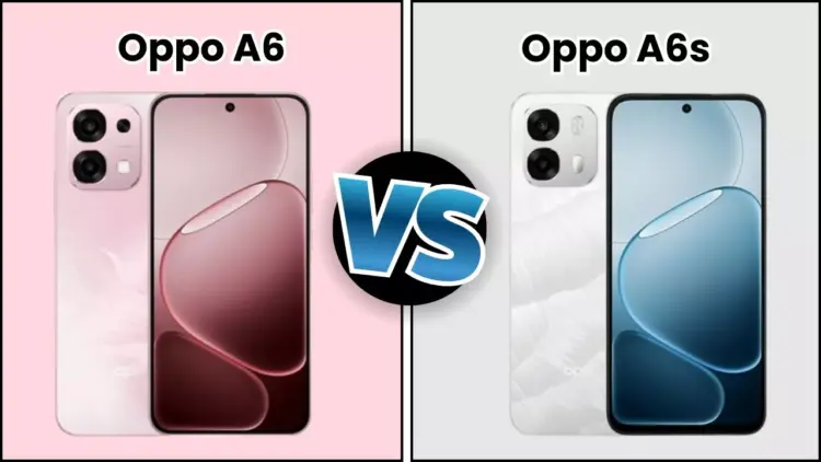 Perbandingan tampilan depan dan belakang OPPO A6 warna pink dan OPPO A6s warna putih dengan aksen tekstur marmer.