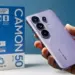 Hands-on smartphone Tecno Camon 50 Ultra warna ungu dengan kotak ritel yang menunjukkan fitur Super-Zoom FlashSnap dan baterai 6500mAh.