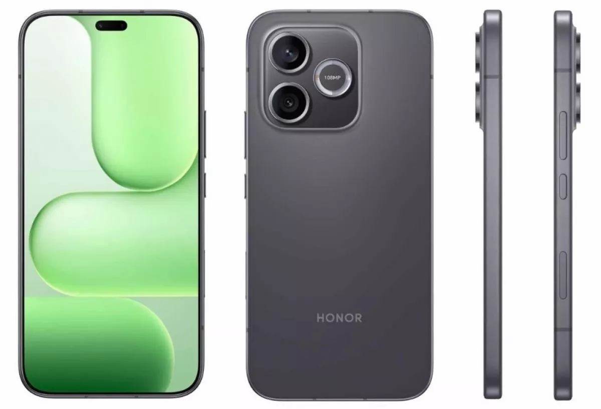 Tampilan detail Honor 600 Lite warna abu-abu dari sisi depan, belakang, dan samping yang menunjukkan bodi ramping dan kamera 108MP.