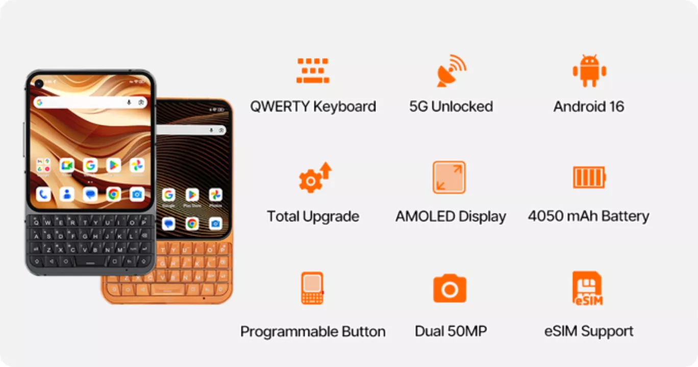 Infografis spesifikasi utama Titan 2 Elite yang mencakup keyboard QWERTY, Android 16, layar AMOLED, dan baterai 4050 mAh.