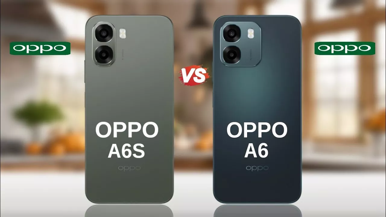 Bagian belakang smartphone OPPO A6s berwarna hijau army dan OPPO A6 berwarna biru gelap yang diletakkan berdampingan.