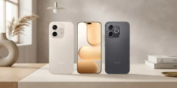 Tiga unit Honor 600 Lite yang diletakkan di atas meja dalam suasana interior minimalis, mempertegas kesan gaya hidup modern.