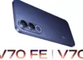 Penampakan bodi belakang Vivo V70 FE warna Navy Blue dengan teks seri V70 FE dan V70 di bagian bawah.