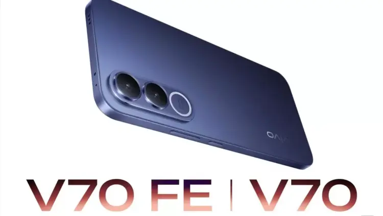 Penampakan bodi belakang Vivo V70 FE warna Navy Blue dengan teks seri V70 FE dan V70 di bagian bawah.