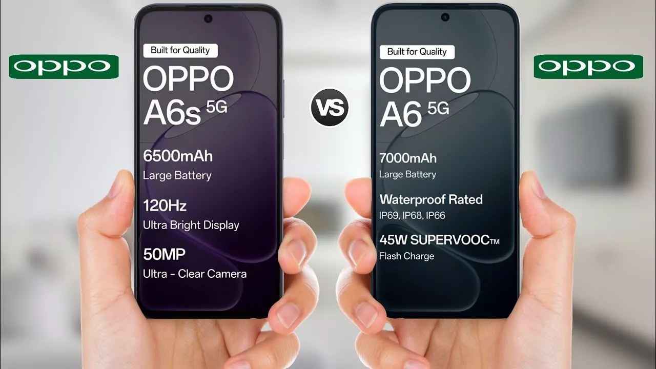 Infografis spesifikasi layar OPPO A6s 5G dengan baterai 6500mAh dan layar 120Hz dibandingkan OPPO A6 5G dengan baterai 7000mAh dan fitur waterproof IP69.
