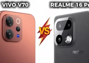 Perbandingan modul kamera belakang Vivo V70 warna sunset orange dengan Realme 16 Pro Plus 5G warna hitam, menampilkan teks "VS".