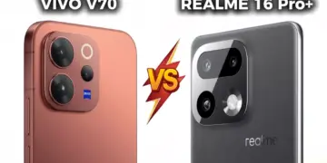 Perbandingan modul kamera belakang Vivo V70 warna sunset orange dengan Realme 16 Pro Plus 5G warna hitam, menampilkan teks "VS".