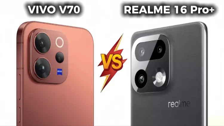 Perbandingan modul kamera belakang Vivo V70 warna sunset orange dengan Realme 16 Pro Plus 5G warna hitam, menampilkan teks "VS".