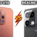 Perbandingan modul kamera belakang Vivo V70 warna sunset orange dengan Realme 16 Pro Plus 5G warna hitam, menampilkan teks "VS".