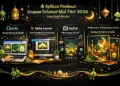 Infografis 4 aplikasi pembuat ucapan selamat Idul Fitri 2026 yang direkomendasikan: Canva, Adobe Express, CapCut, dan Midjourney.
