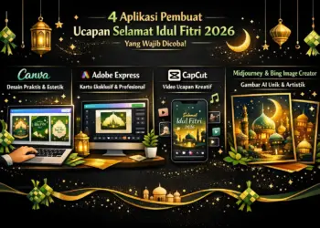 Infografis 4 aplikasi pembuat ucapan selamat Idul Fitri 2026 yang direkomendasikan: Canva, Adobe Express, CapCut, dan Midjourney.