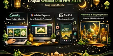 Infografis 4 aplikasi pembuat ucapan selamat Idul Fitri 2026 yang direkomendasikan: Canva, Adobe Express, CapCut, dan Midjourney.