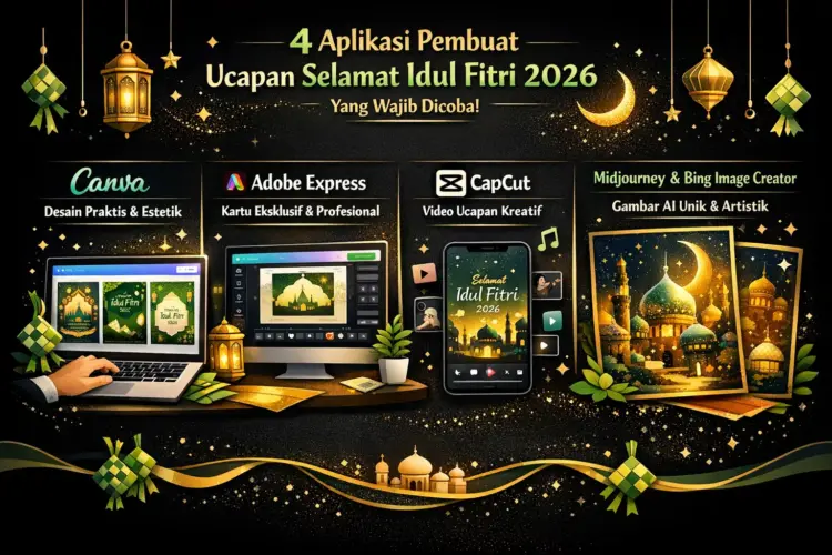 Infografis 4 aplikasi pembuat ucapan selamat Idul Fitri 2026 yang direkomendasikan: Canva, Adobe Express, CapCut, dan Midjourney.