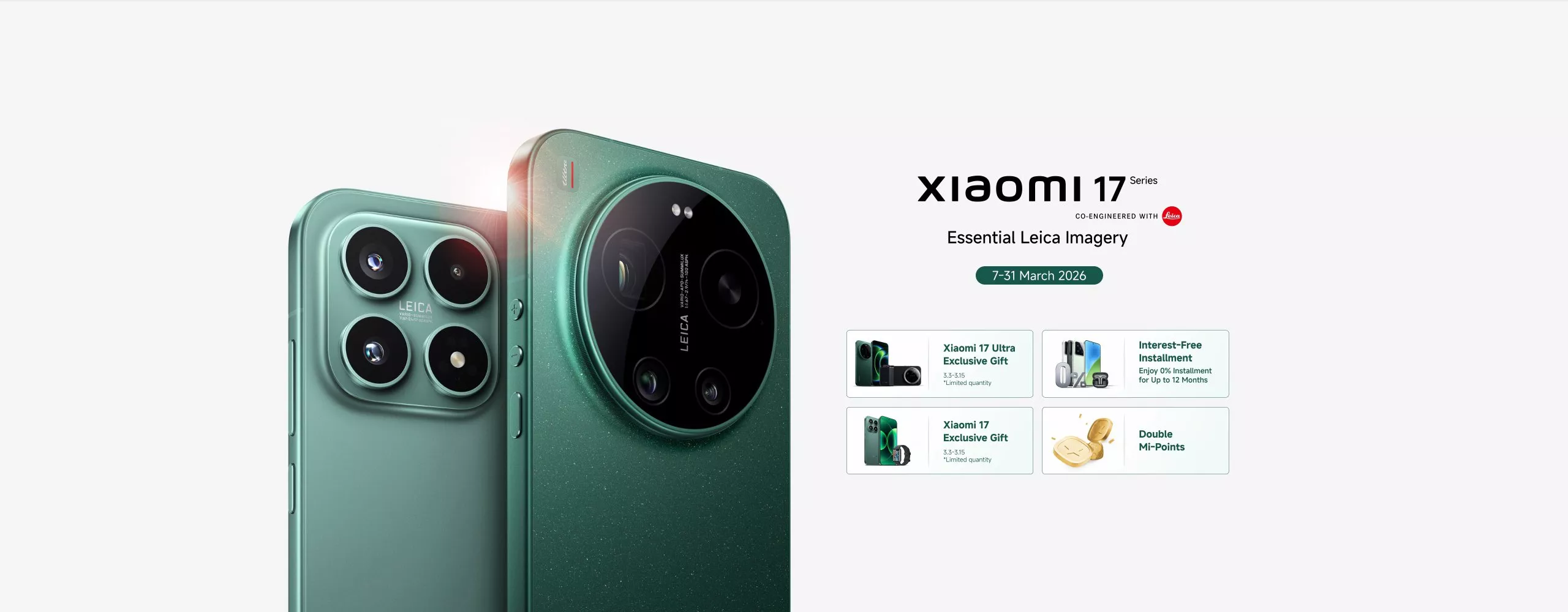 Poster promosi Xiaomi 17 Series warna hijau dengan informasi promo cicilan 0% dan bonus Mi-Points periode Maret 2026.