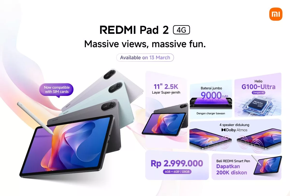 Spesifikasi lengkap dan harga Redmi Pad 2 4G di Indonesia Rp 2.999.000 dengan chipset Helio G100-Ultra.