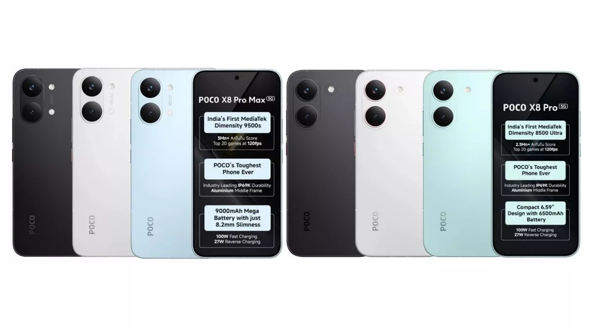 Perbandingan spesifikasi POCO X8 Pro Max 5G dan POCO X8 Pro 5G menggunakan chipset MediaTek Dimensity.