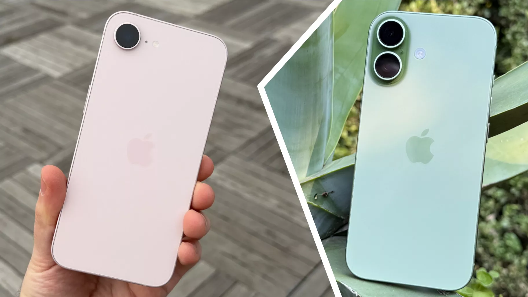 Tampilan nyata (hands-on) unit iPhone 17e warna pink dan iPhone 17 warna mint green secara berdampingan.