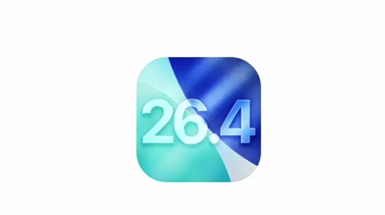 Ikon aplikasi atau logo sistem operasi iOS 26.4 dengan desain gradasi warna biru dan hijau yang modern.