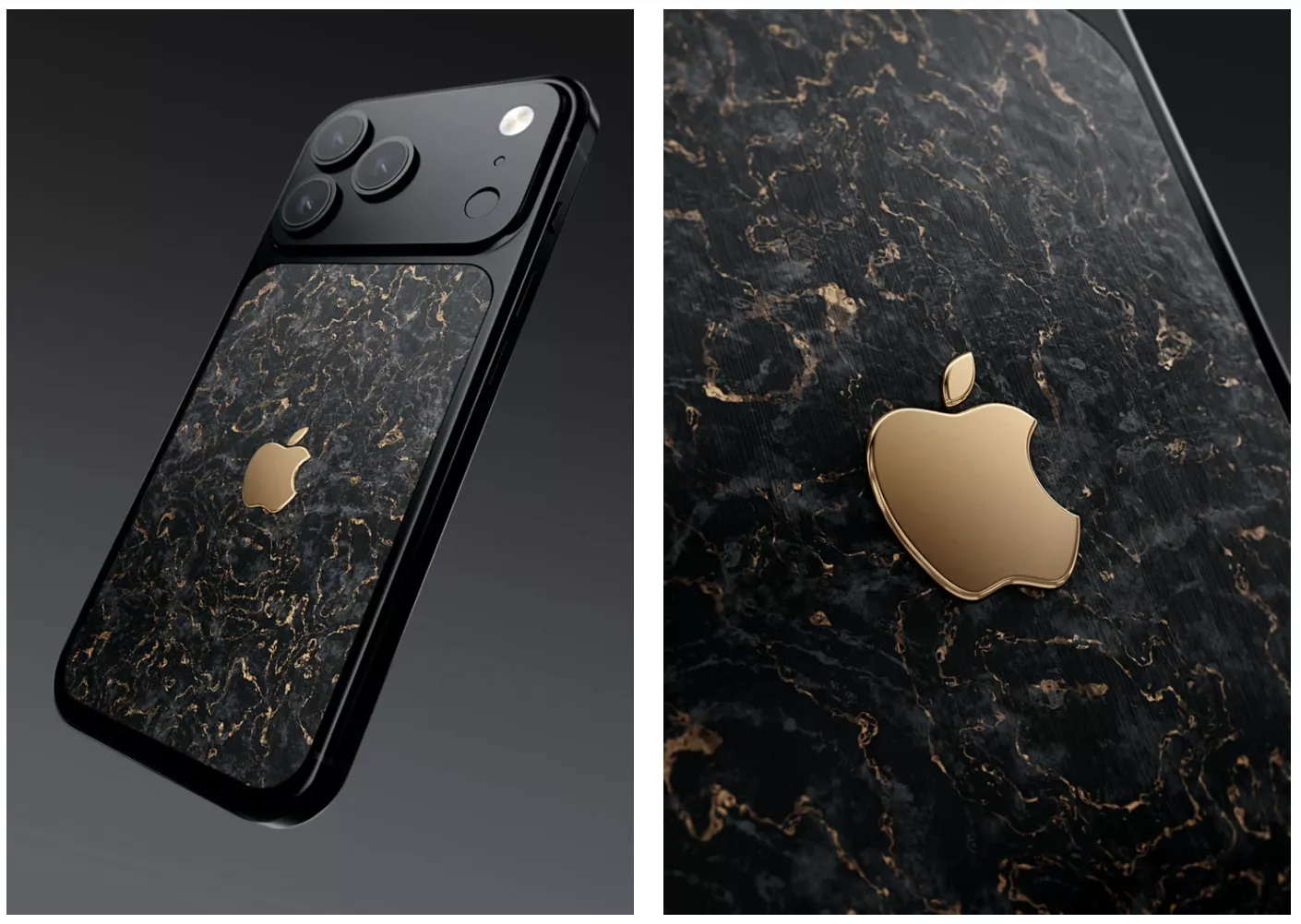 Desain iPhone 17 Pro kustom dengan tekstur marmer hitam urat emas dan logo Apple emas 24 karat.