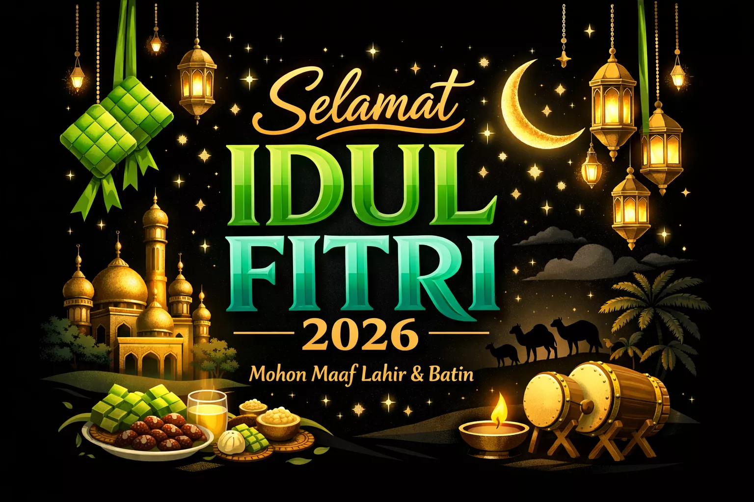 Contoh desain kartu ucapan selamat Idul Fitri 2026 dengan tema gelap elegan, ilustrasi masjid emas, ketupat, dan bedug.