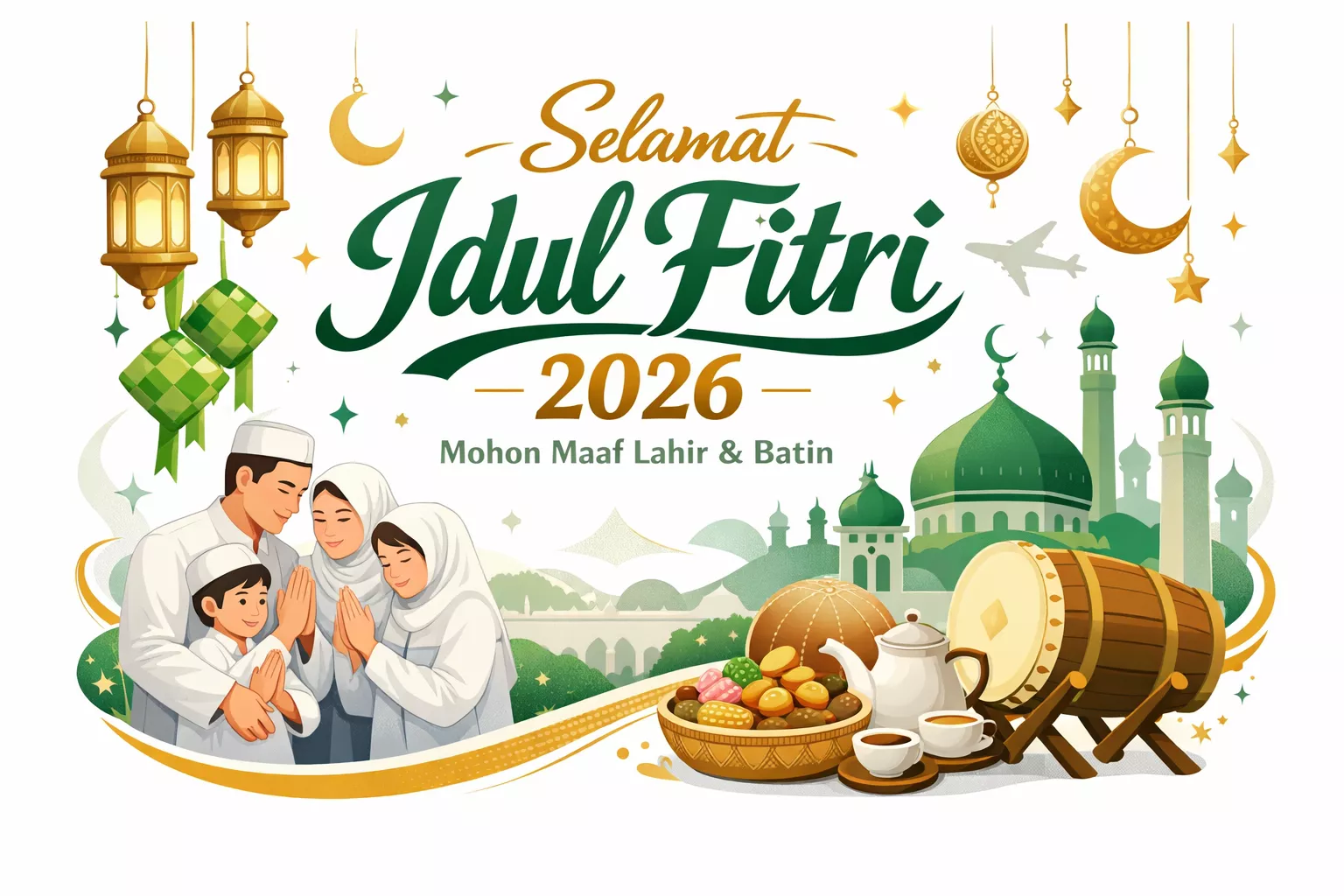 Ilustrasi keluarga Muslim merayakan Idul Fitri 2026 dengan latar belakang masjid hijau dan elemen khas Lebaran.