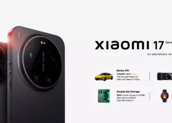 Banner promo Xiaomi 17 Series warna hitam menampilkan bonus die-cast mobil Xiaomi SU7 Ultra, Photography Kit Pro, dan upgrade memori.